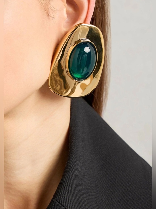 Saint Laurent Jewelry - SAINT LAURENT Cabochon Clip-On Earrings Gold Tone Metal Green Resin Gemstone